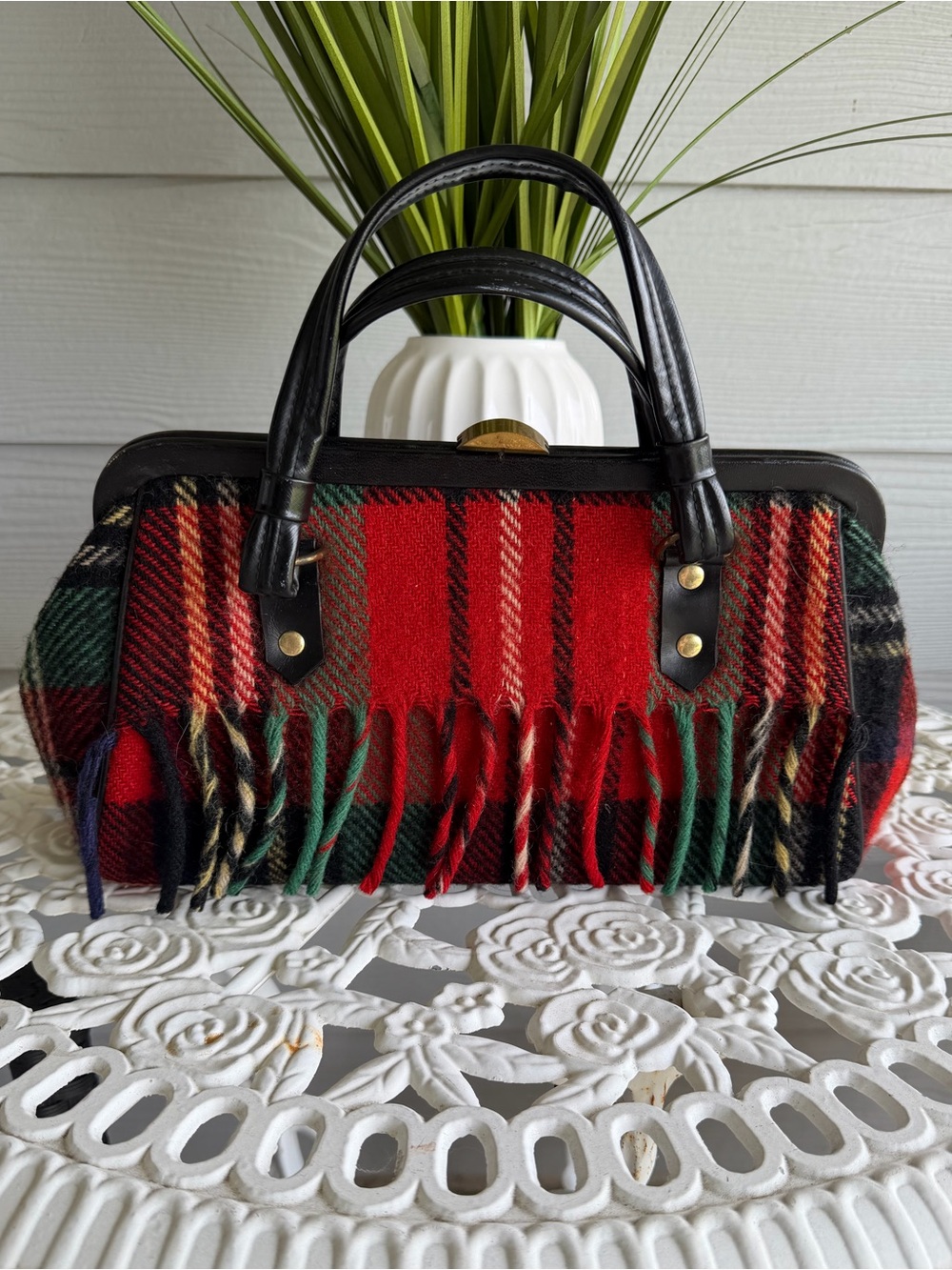 Vintage Fringed Wool Red Plaid Handbag with Black Handles